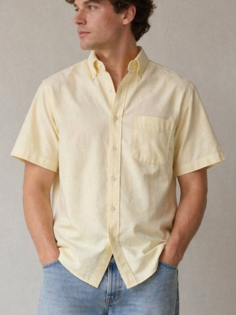 L.L. Bean Wrinkle Resistant Button Down Shirt Men’s 16 Reg Soft Yellow Cotton
